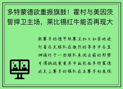 多特蒙德欲重振旗鼓！霍村与美因茨誓捍卫主场，莱比锡红牛能否再现大胜？