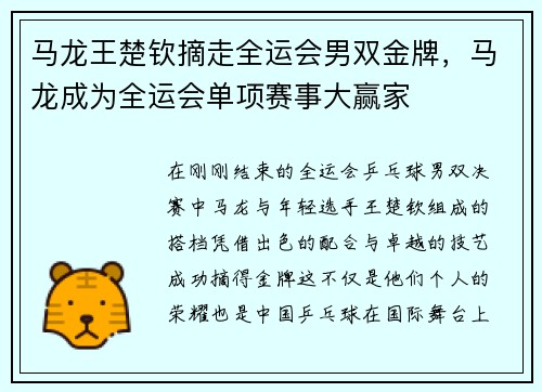 马龙王楚钦摘走全运会男双金牌，马龙成为全运会单项赛事大赢家