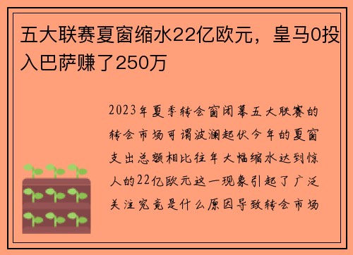 五大联赛夏窗缩水22亿欧元，皇马0投入巴萨赚了250万